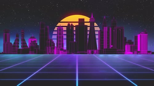 Stylized Vintage 3D Animation Background with Modern City Sun and Glowing Stars