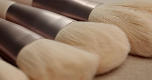 Nahaufnahme, Schminkpinsel und Tisch für Kosmetik, Beauty oder Gesichtskunst mit Abwechslung