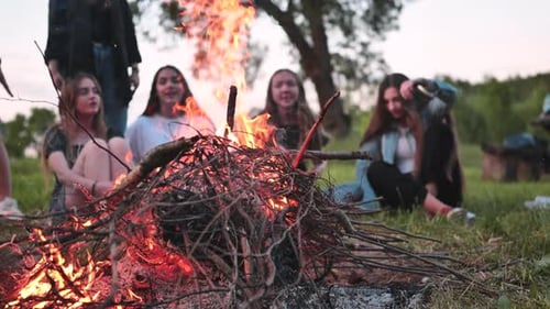 Young Adults Singing Around Campfire at Dusk