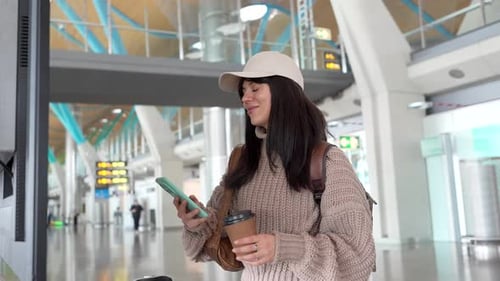 Young female traveler checking flight information at airport terminal