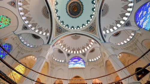 Interior view of the Camlica Mosque in Istanbul, Turkey. Painted ceiling