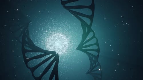 Animation 3D d'une molécule d'ADN en rotation sur fond bleu. Concept de génétique