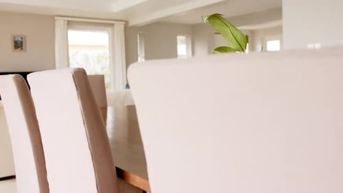 General view of light modern interiors with dining room table and chairs, copy space, slow motion