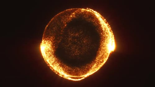 Glowing golden sphere with shimmering dots and orbit rings, symbolizing futuristic digital energy