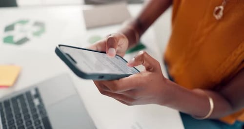 Phone, typing and hands of businesswoman in office with networking, texting or social media