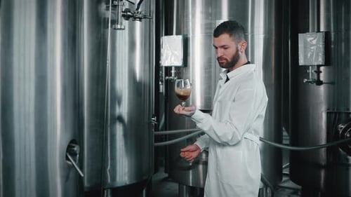 Un employé de brasserie fait tourner de la bière brune dans un verre pour vérifier la qualité