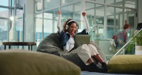 Laptop, success and online class with woman in college for video call, streaming and elearning