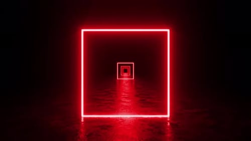 Red neon square light tunnel moving forward on dark background