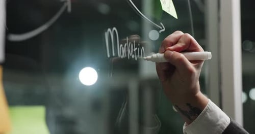 Glaswand, Hand oder Person in der Agentur bei Nacht, Kampagnen- oder Zielgruppenansprache in der Mindmap