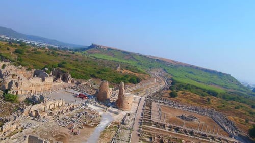 In This Captivating Aerial Stock Video the Remarkable Ruins of the Ancient City of Perge in