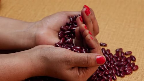 Female Hands Manipulate Pile of Kidney Beans