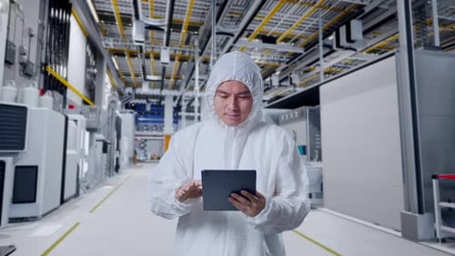 Asian Male Scientist Using A Tablet at Semiconductor Factory