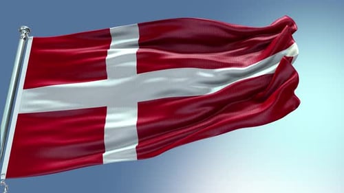 National Flag of Denmark Waving in Blue Sky