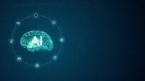 Blue digital brain logo and circle futuristic HUD with Ai chatbot and machine learning technology