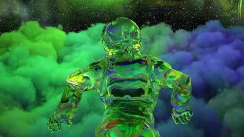 Ein Astronaut schwebt über einer grünblauen Wolke im Weltraum