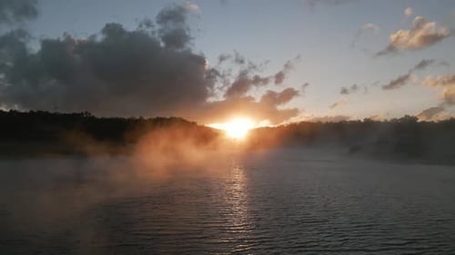 Morning Fog on the Mountain Lake Sunrise Shot