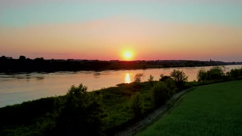 Cinematic Sundown Over River Vistula in Poland