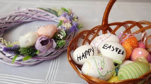 25 1. The inscription "Easter" is made on the egg. Easter celebration. Happy Easter.