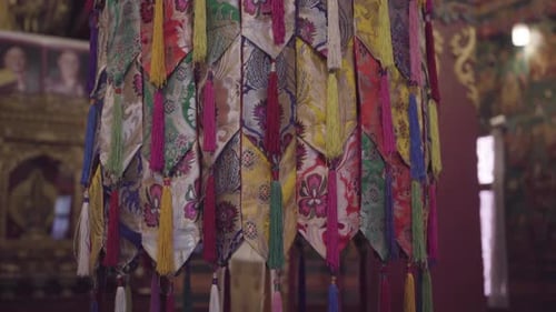 Colorful Silk Lantern With Tassels Decorated Inside The Buddhist Temple Near Boudhanath Stupa In Kat