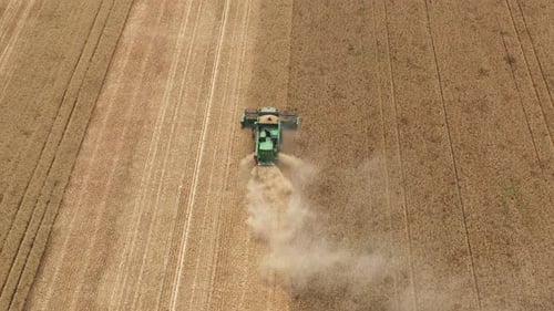 Aerial view of a combine harvester working in a field at summer