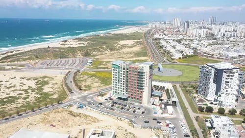 Aerial video on the coastline of Ashdod Israel on a sunny day