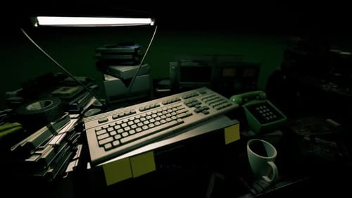 A Cluttered Desk with an Old Computer Keyboard and Various Gadgets at Night