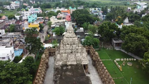 Aerial view of Kailasanathar temple in the Tamil Nadu city of Kanchipuram in South India. Outer view