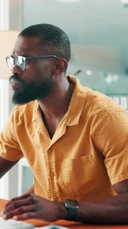 Sales agency, documents and black man in office, charts for profit increase and stress