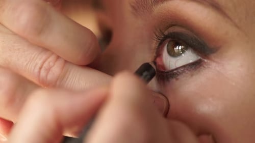 Makeup. Applying Eye Liner to Model Eye