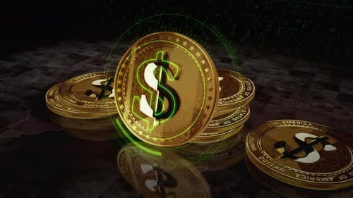 Dollar USD currency golden coin on digital screen