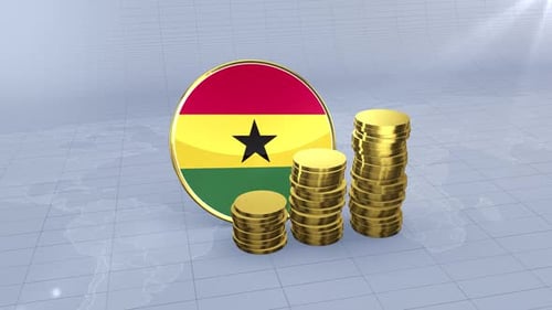 Ghana Flag With Plain Gold Coins Tower
