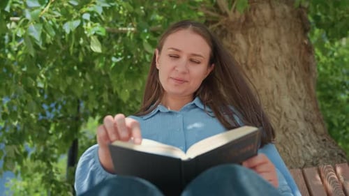 Woman Reads Book on Bench Under Tree in Park
