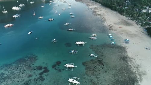Aerial Drone View of Boats Anchored in the Bay with Clear and Turquoise Water Boat and Yacht in the