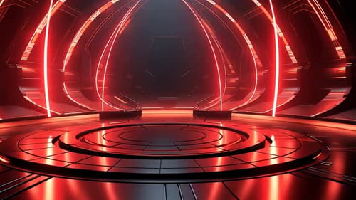 Futuristic, glowing, dark, red, metallic, circular stage. High-tech, modern, and stylish interior