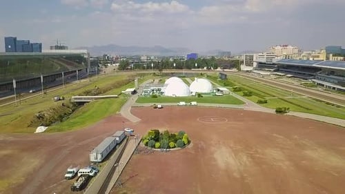 Aerial view of a complex in a city.