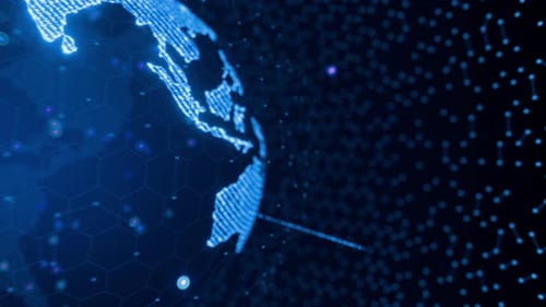 Globo giratorio en forma de holograma. Concepto de red de comunicación global. Expansión empresarial en todo el mundo.