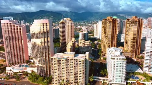 Beautiful diverse high-rise buildings in the cityscape of Honolulu, Hawaii, USA.