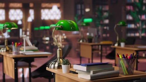 Refined Vintage Library with Wooden Shelves and Classic Green Lamps