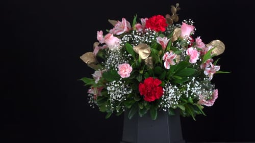 Slidershot mit Blumenstrauß und Nelkenarrangement auf schwarzem Hintergrund
