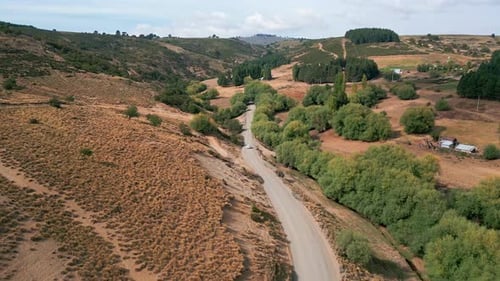 Forward flight over winding dirt road through rolling hills and valley. Liucura, Lonquimay, Chile
