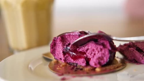 Woman Eating Delicious Fresh Blueberry Mousse Cake Cutting Dessert Texture Close Up Person Taking