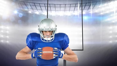 Animation of american football player holding ball over sports stadium