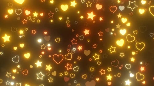 Veilleuses clignotantes en forme de cœur et d'étoiles au néon doré brillant, 4K