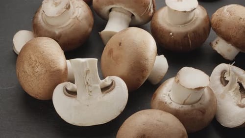 Fresh Cremini Mushrooms on Gray Surface