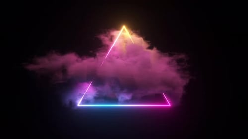 Neon light triangular frame with copy space.Clouds inside the triangle, bright geometric shape,loop