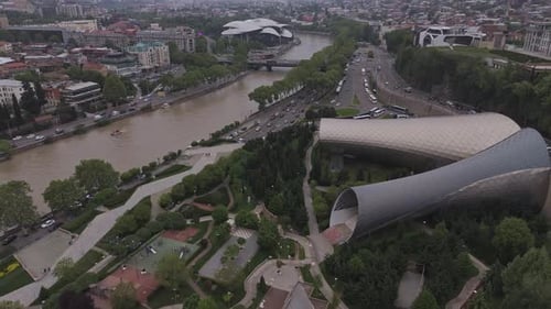 Aerial view of Rike Park and Peace Bridge, Georgia.