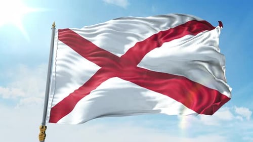 Realistic White and Red Flag Waving in Blue Sky Loop