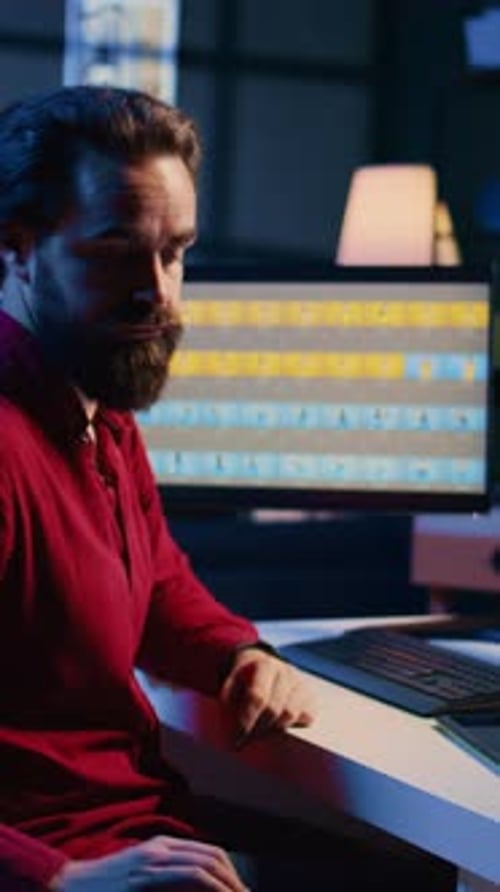 Adult Man Working Late, Looking at Mobile Phone