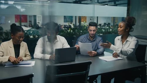 View From Behind Glass African American Female Team Leader Company CEO Check Strategy with Diverse