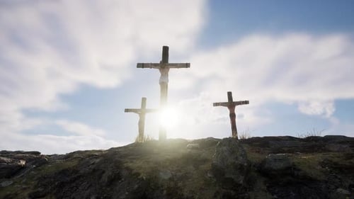 Easter Crucifixion Scene with Three Crosses and Sun